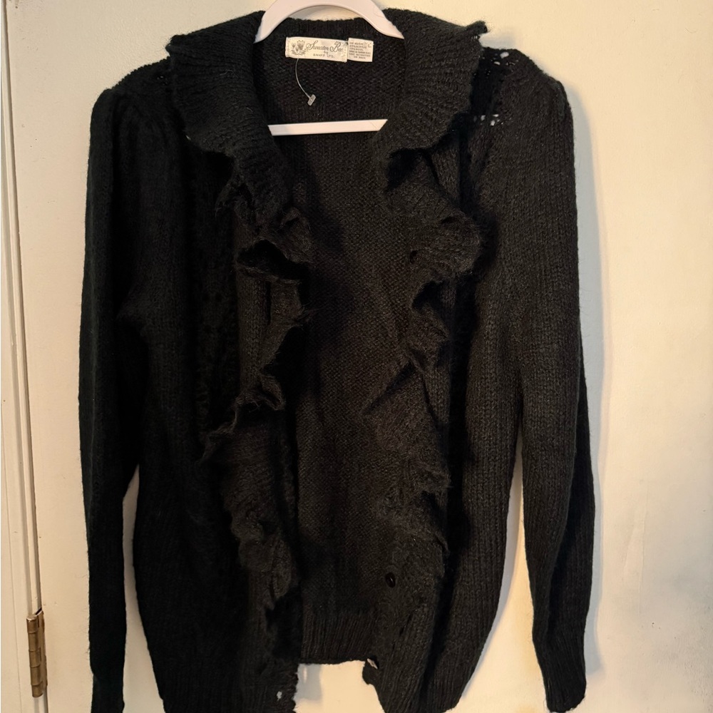 Sweater Bee by Banff LTD Black Ruffled Button down Women's Sweater
